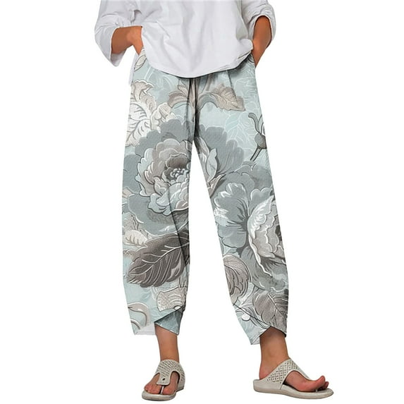 Taqqpue Womens Linen Pants Loose Floral Prirted Elastic High Waisted Wide Leg Pants Baggy Lounge Pant Comfy Soft Trousers Resort Wear Relaxed Fit Straight Leg Crop Trousers with Pockets