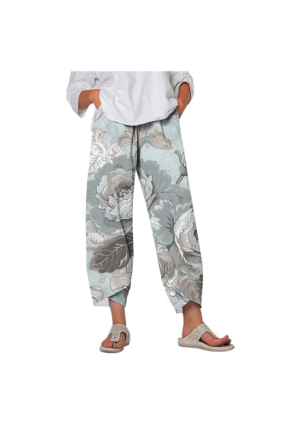 Womens Linen Pants Loose Floral Prirted Elastic High Waisted Wide Leg Pants Baggy Lounge Pant Comfy Soft Trousers Resort Wear Relaxed Fit Straight Leg Crop Trousers with Pockets