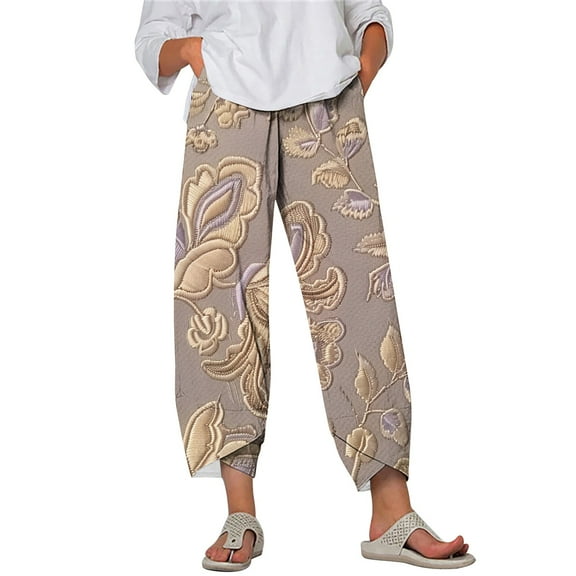 Taqqpue Womens Linen Pants Loose Floral Prirted Elastic High Waisted Wide Leg Pants Baggy Lounge Pant Comfy Soft Trousers Resort Wear Relaxed Fit Straight Leg Crop Trousers with Pockets