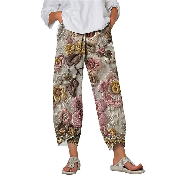 Taqqpue Womens Linen Pants Loose Floral Prirted Elastic High Waisted Wide Leg Pants Baggy Lounge Pant Comfy Soft Trousers Resort Wear Relaxed Fit Straight Leg Crop Trousers with Pockets