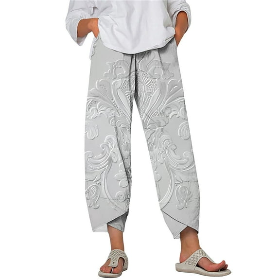 Taqqpue Womens Linen Pants Loose Floral Prirted Elastic High Waisted Wide Leg Pants Baggy Lounge Pant Comfy Soft Trousers Resort Wear Relaxed Fit Straight Leg Crop Trousers with Pockets