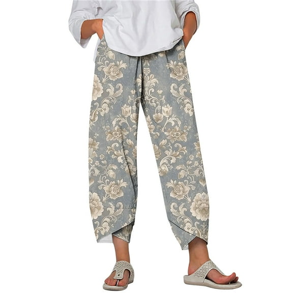 Taqqpue Womens Linen Pants Loose Floral Prirted Elastic High Waisted Wide Leg Pants Baggy Lounge Pant Comfy Soft Trousers Resort Wear Relaxed Fit Straight Leg Crop Trousers with Pockets