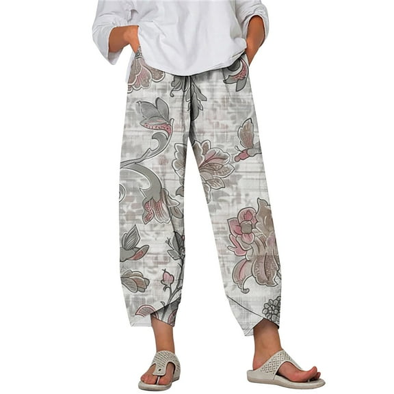 Taqqpue Womens Linen Pants Loose Floral Prirted Elastic High Waisted Wide Leg Pants Baggy Lounge Pant Comfy Soft Trousers Resort Wear Relaxed Fit Straight Leg Crop Trousers with Pockets