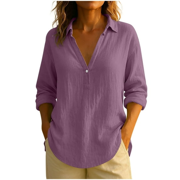 Taqqpue Womens Linen Shirts 3/4 Sleeve V Neck Collared Tops Cotton Lightweight Loose Casual Shirt Blouse