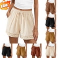 thumbnail image 1 of Taqqpue Womens Linen Shorts Summer Casual Loose Elastic Waist Drawstring Shorts Lace Boho Beach Cover Up Shorts Flowy Wide Leg Shorts with Pockets for Women, 1 of 10
