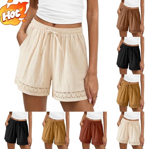 Taqqpue Womens Linen Shorts Summer Casual Loose Elastic Waist Drawstring Shorts Lace Boho Beach Cover Up Shorts Flowy Wide Leg Shorts with Pockets for Women