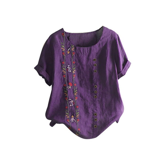 Taqqpue Womens Linen Tops Summer Short Sleeve Crew Neck T Shirts Button Down Embroidery Loose Fit Casual Blouse Trendy Going Out Shirts