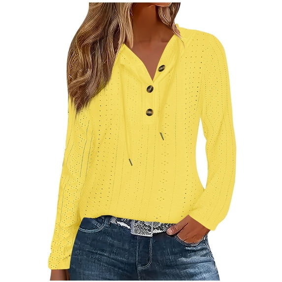 Taqqpue Womens Long Sleeve Shirts Solid Color V Neck Casual Drawstring Button Hoodies Loose Fit Knit Lightweight Blouses Tops