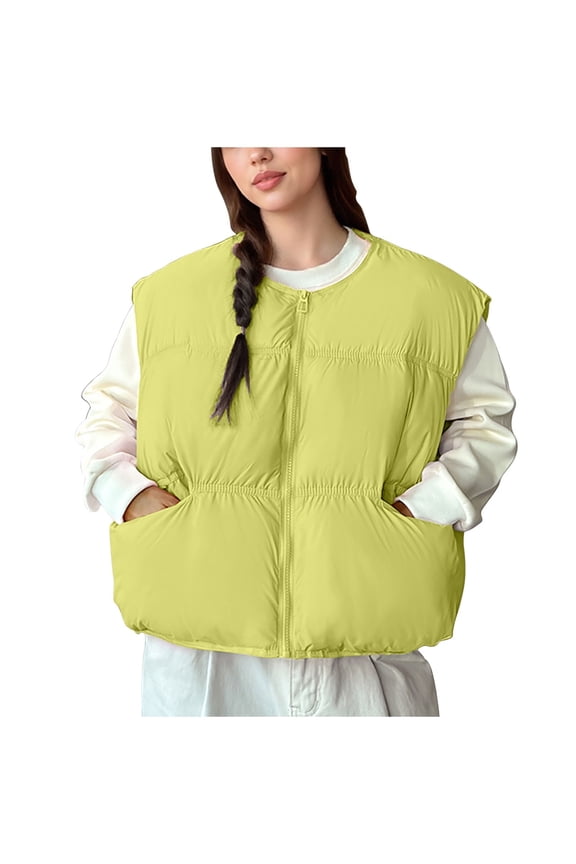 Womens Oversized Cropped Puffer Vest Crewneck Button Sleeveless Bubble Puffer Vest Jackets Loose Quilted Padded Warm Plus Size Coat Outerwear with Pockets for Women