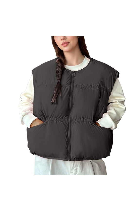 Womens Oversized Cropped Puffer Vest Crewneck Button Sleeveless Bubble Puffer Vest Jackets Loose Quilted Padded Warm Plus Size Coat Outerwear with Pockets for Women