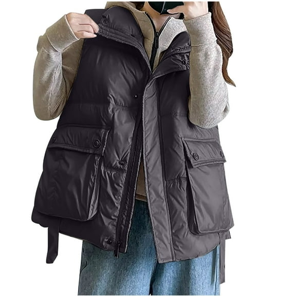 Taqqpue Womens Oversized Puffer Vest Stand Collar Full Zip Sleeveless Bubble Puffer Vest Solid Color Loose Quilted Padded Warm Coat Outerwear with Pockets