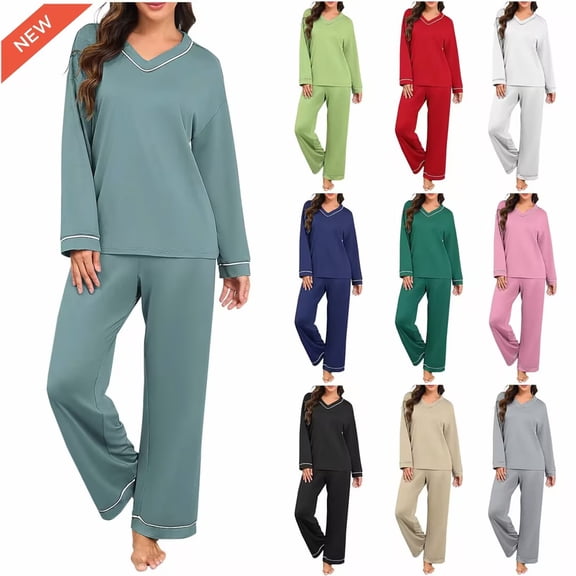 Taqqpue Womens Pajama Sets 2 piece Lounge Sets for Women V-neck Long Sleeve Top and Elastic Waist Pants with Pockets