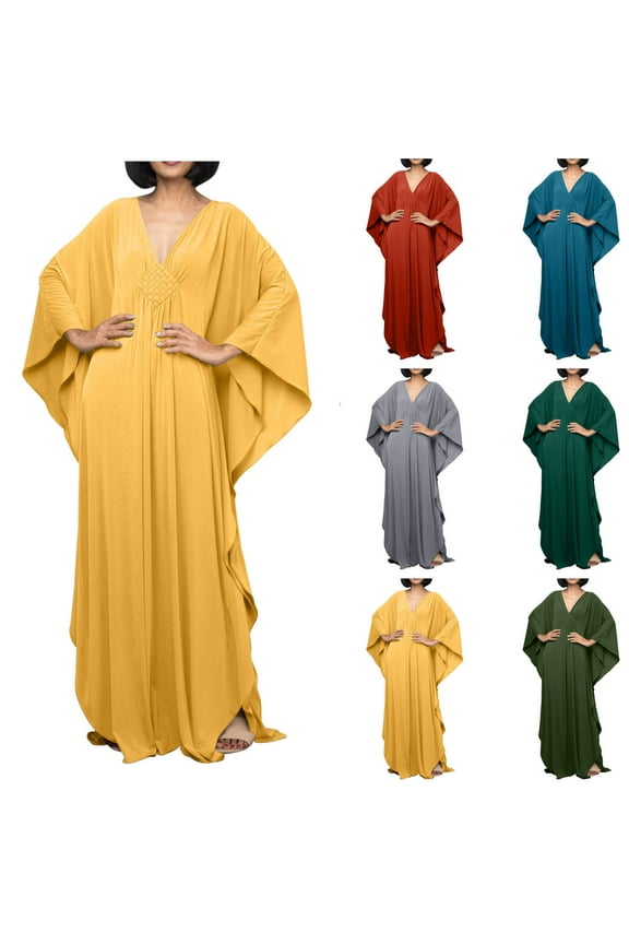 Womens Plus Size Beach Cover Up Solid Color Batwing Sleeve Kaftan Dress V Neck Maxi Dress Beachwear Casual Summer Swimsuit Coverup for Women