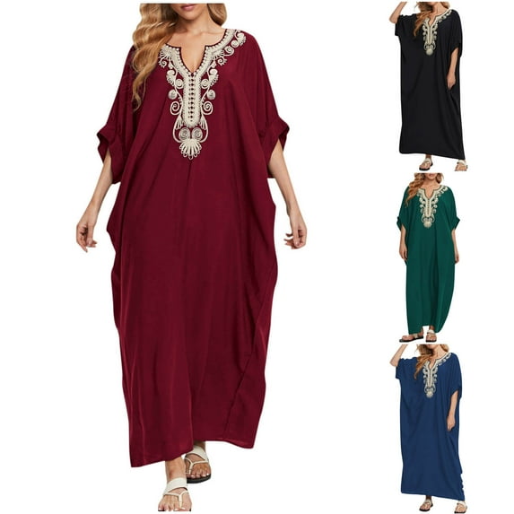 Taqqpue Womens Plus Size Beach Cover Up Solid Color Flare Sleeve Kaftan Dress V Neck Maxi Dress Beachwear Casual Summer Swimsuit Coverup for Women