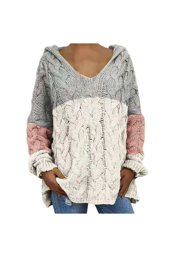 Womens Plus Size Cable Knit Pullover Sweaters Loose Long Sleeve Hooded Sweater Tops Solid Color Chunky Jumper Tops Oversized,Christmas Gifts for Women