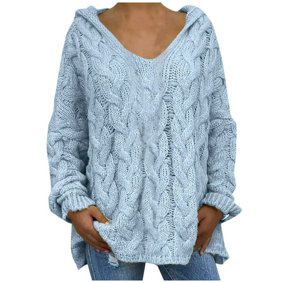 Taqqpue Womens Plus Size Cable Knit Pullover Sweaters Loose Long Sleeve Hooded Sweater Tops Solid Color Chunky Jumper Tops Oversized,Gifts for Women