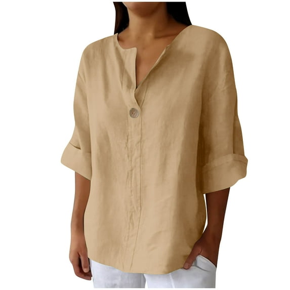 Taqqpue Womens Plus Size Cotton Linen Shirts 3/4 Length Sleeve Button V-Neck Blouse Tops Loose Fit Casual Solid Color Tees