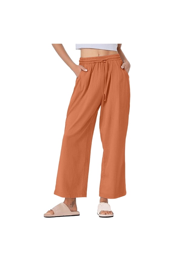 Womens Plus Size Linen Pants Elastic Waist Drawstring Summer Loose Fit Pants Beach Vacation Casual Trousers with Pockets S-5XL