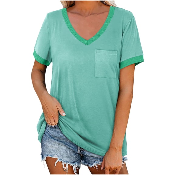 Taqqpue Womens Plus Size Short Sleeve T Shirts Casual Solid Color V Neck Shirts Flowy Loose Blouses Top Summer Pullover with Pocket