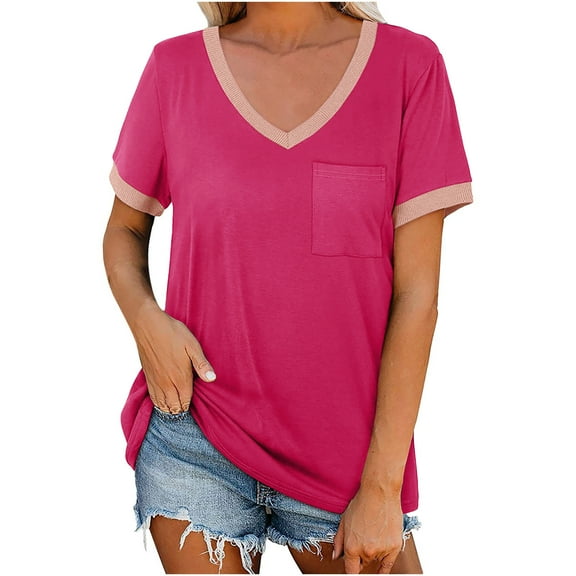 Taqqpue Womens Plus Size Short Sleeve T Shirts Casual Solid Color V Neck Shirts Flowy Loose Blouses Top Summer Pullover with Pocket