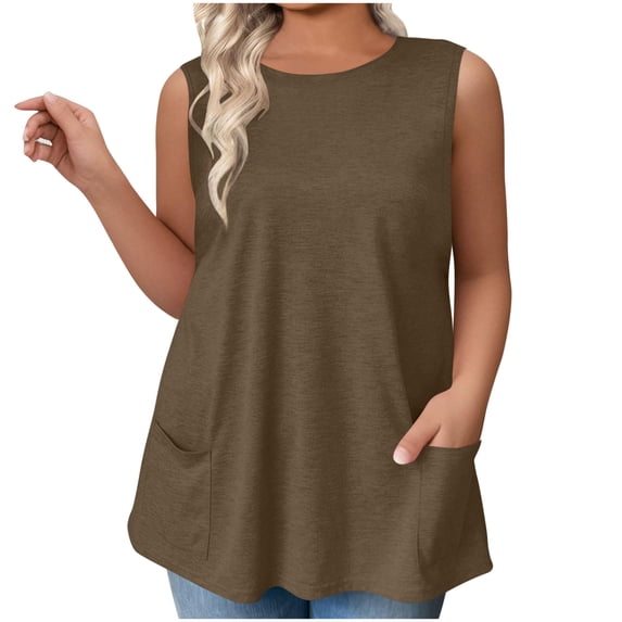 Taqqpue Womens Plus Size Tank Tops Summer Sleeveless T Shirts Crew Neck Casual Loose Fit Tunic Blouses Trendy Fashion Basic Tops Women Oversized Tops Shirt with Pockets L-4XL