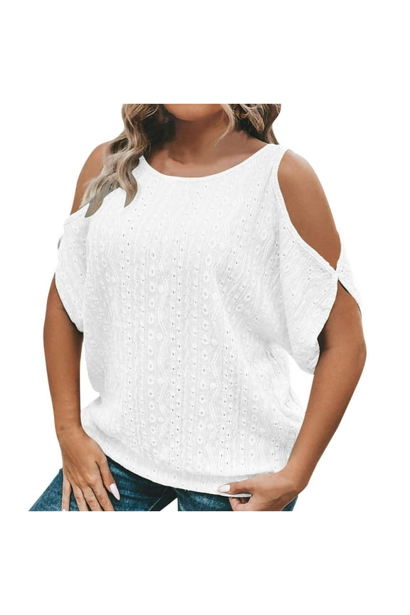 Womens Plus Size Tops Cold Shoulder Round Neck T Shirts Plain Short Sleeve Linen Shirts Pullover Solid Color Tunic Shirts Casual Loose Blouses Tee