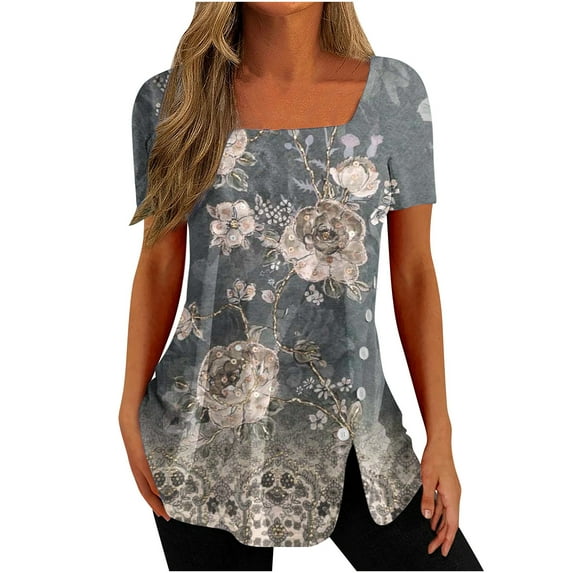 Taqqpue Womens Plus Size Tops Square Neck Side Split Button Tunic Tops Flare Blouses Casual Short Sleeve Floral T Shirts for Women Comfortable Tees Summer Tops