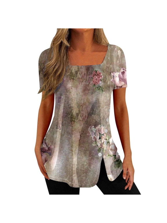 Womens Plus Size Tops Square Neck Side Split Button Tunic Tops Flare Blouses Casual Short Sleeve Floral T Shirts for Women Comfortable Tees Summer Tops