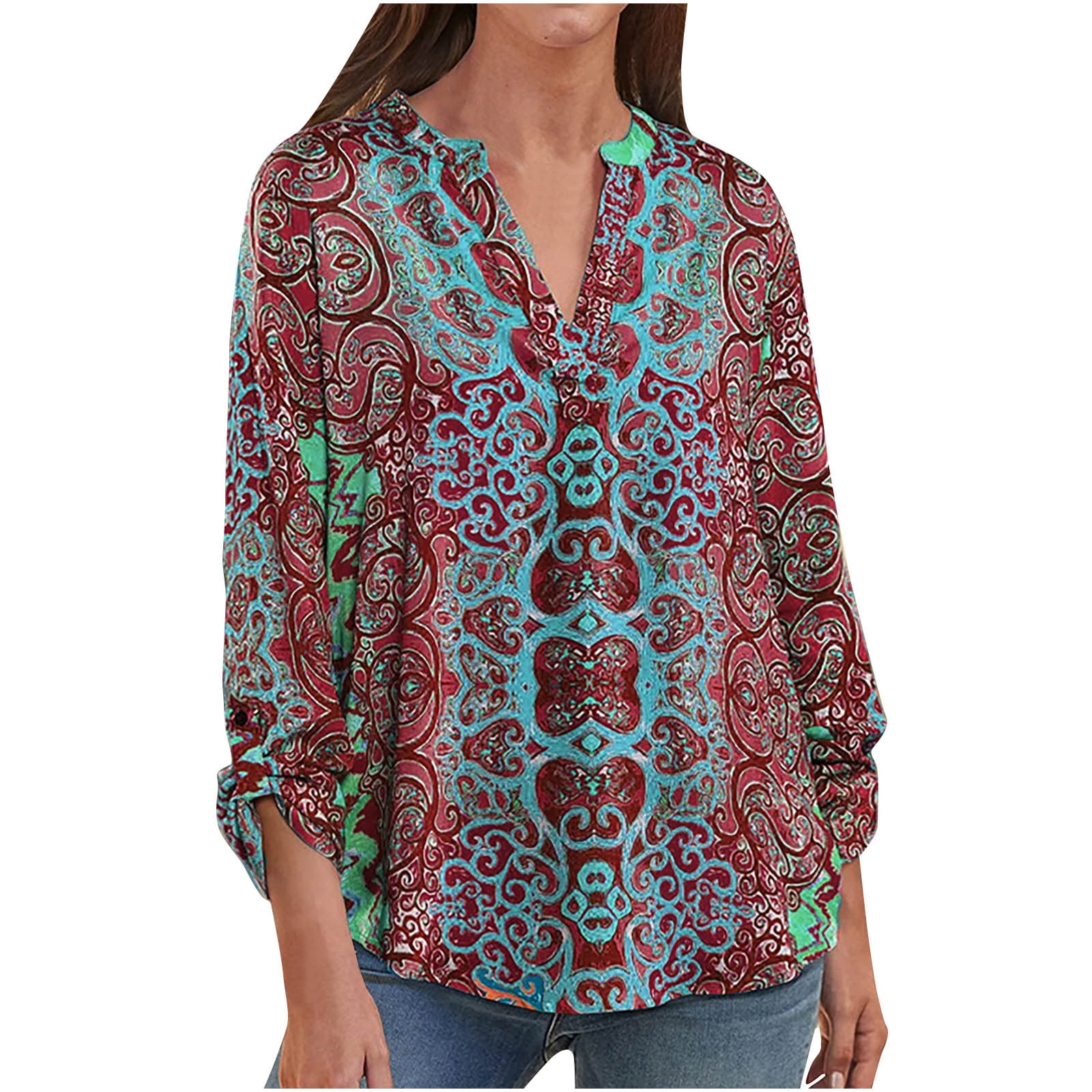 Taqqpue Womens Plus Size V Neck Boho Floral Print Tunic Tops Casual ...