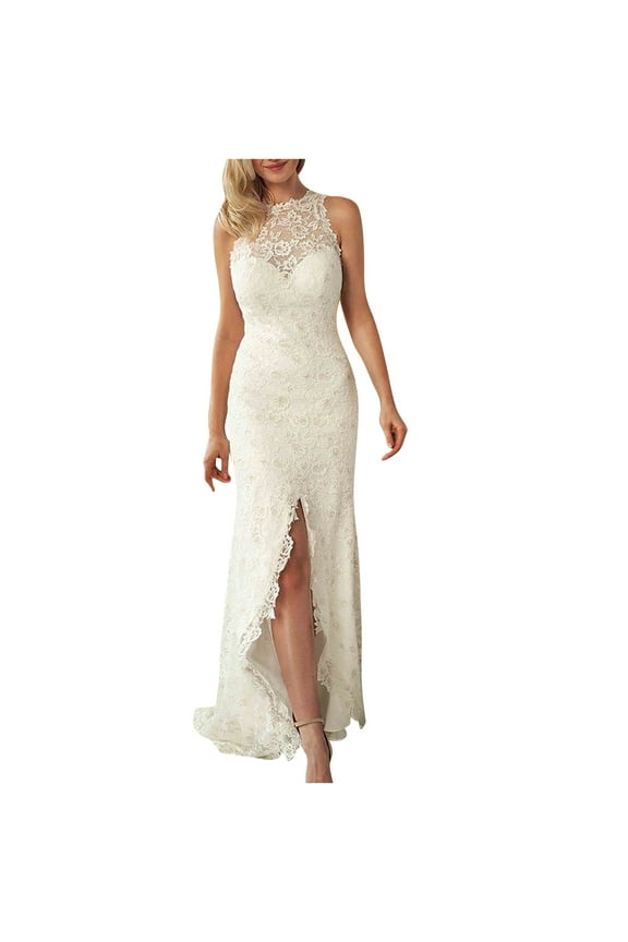Womens Sexy Lace V-Neck White Wedding Guest Dress Sleeveless Halter Maxi Dress High Split Long Swing Dress Backless Flowy Cocktail Dress Formal Dress for Women Evening Party