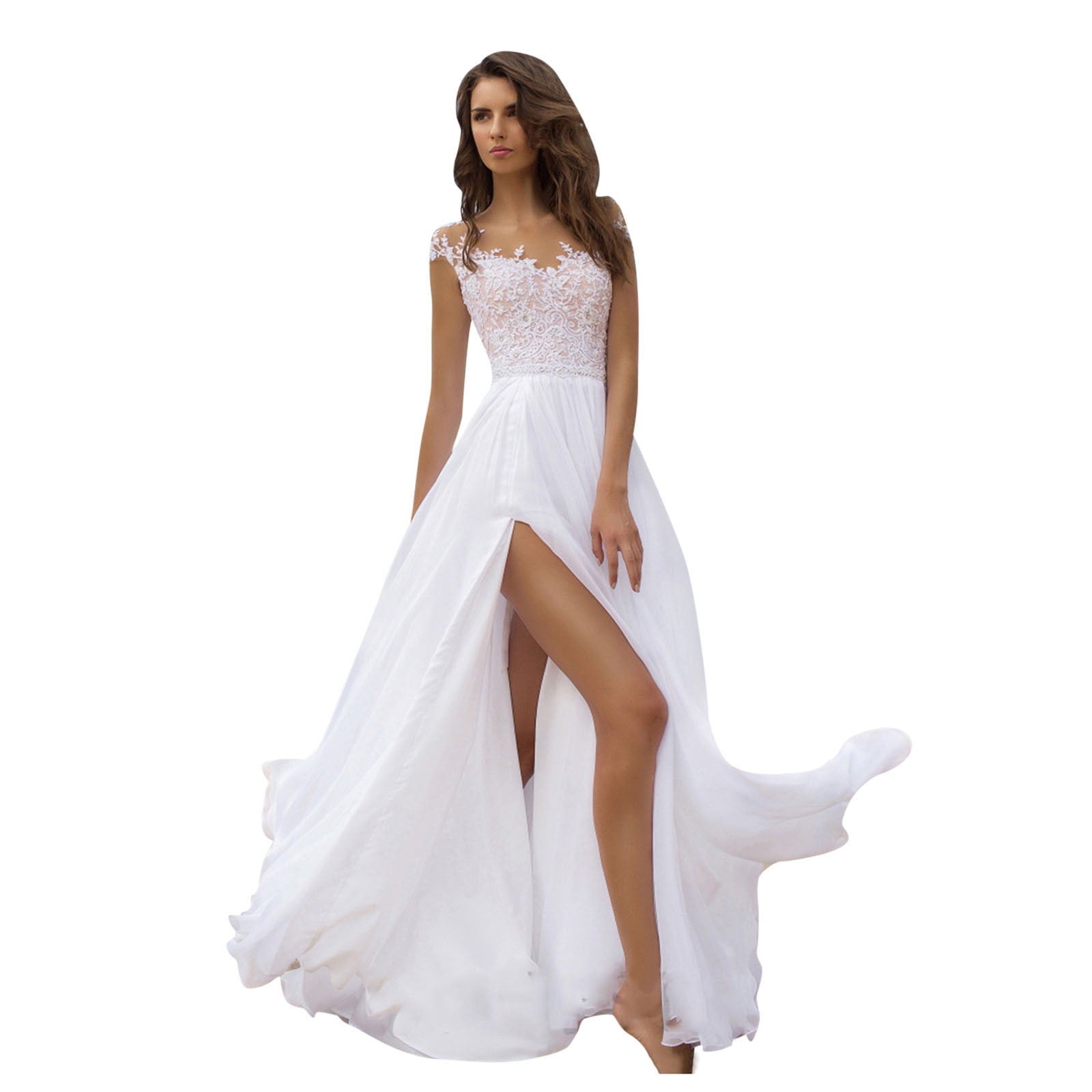 White Prom Dress Short Sleeve Sexy Slit Casual Cheap Beach Wedding