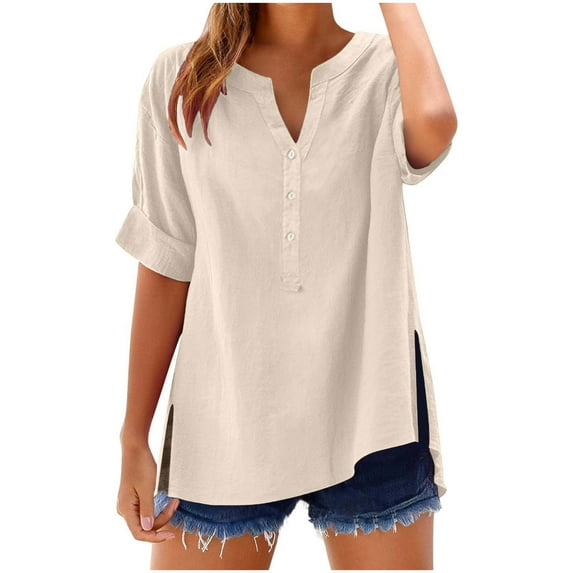 Taqqpue Womens Short Sleeve Button Down Shirts Summer Solid Color V Neck Business Casual Blouses Top Loose Fit Workout Plus Size Cotton Linen T Shirts