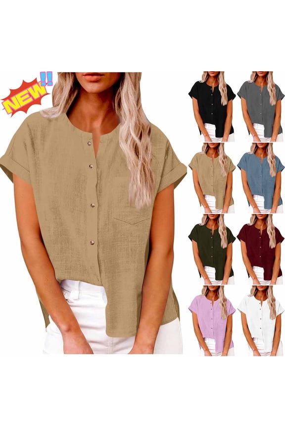 Womens Short Sleeve Linen Shirts Crew Neck Button Down T Shirt Loose Fit Plus Size Cap Sleeve Tops for Women