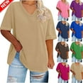 thumbnail image 1 of Taqqpue Womens Short Sleeve T Shirts Solid Color V Neck Casual Tops Loose Fit Basic Tees Flowy Oversize Blouse Tops for Women, 1 of 4