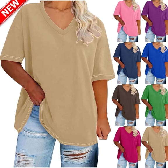 Taqqpue Womens Short Sleeve T Shirts Solid Color V Neck Casual Tops Loose Fit Basic Tees Flowy Oversize Blouse Tops for Women