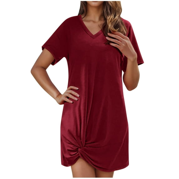 Taqqpue Womens Short Sleeve V Neck Swing T-Shirt Dress Casual Dress Solid Color Mini Beach Dress Twist Knot Loose Sundress
