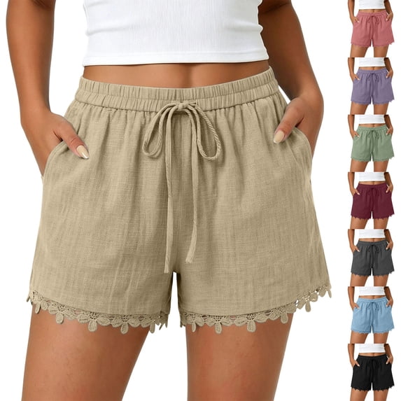 Taqqpue Womens Shorts Elastic High Waist Wide Leg Shorts Women's Solid Casual Lace Elastic Waist Drawstring Summer Shorts Beach Shorts With Pockets