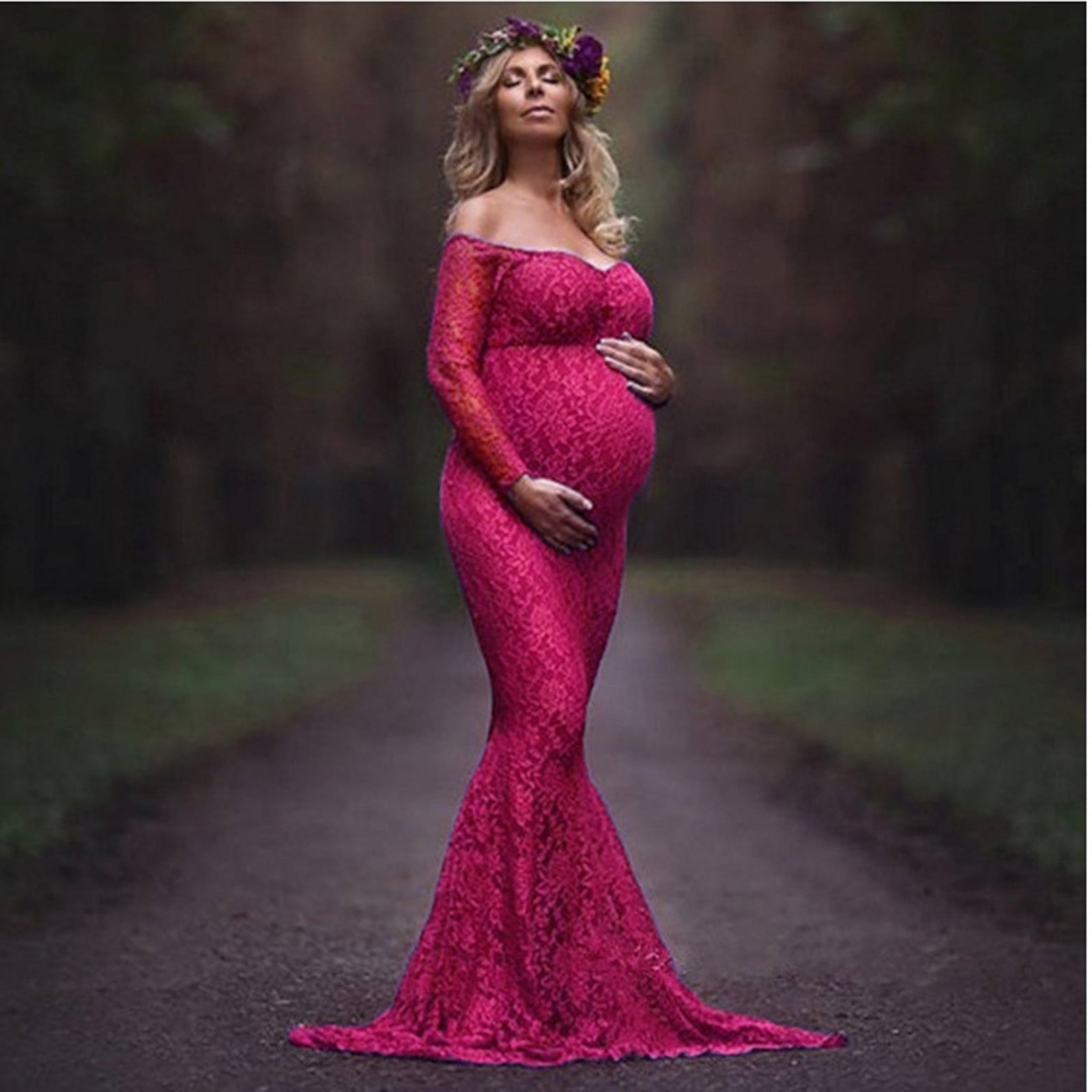 Taqqpue Womens Off the Shoulder Maternity Dress for Photoshot Baby Shower  Wedding Guest Long Sleeve Slim Fit Gown Flowy Ruffle Stretchy Long Maxi Dress  Photography Pregnancy Dresses - Walmart.com