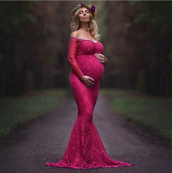 Taqqpue Womens Off the Shoulder Maternity Dress for Photoshot Baby Shower Wedding Guest Long Sleeve Slim Fit Gown Flowy Ruffle Stretchy Long Maxi Dress Photography Pregnancy Dresses