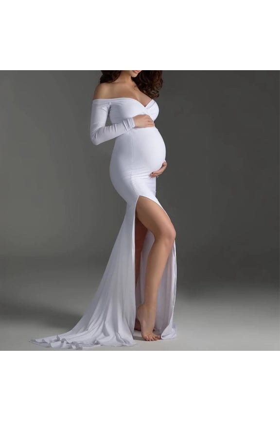 Womens Off the Shoulder Maternity Dress for Photoshot Baby Shower Wedding Guest Long Sleeve Slim Fit Thigh Split Gown Flowy Stretchy Long Maxi Dress Photography Pregnancy Dresses