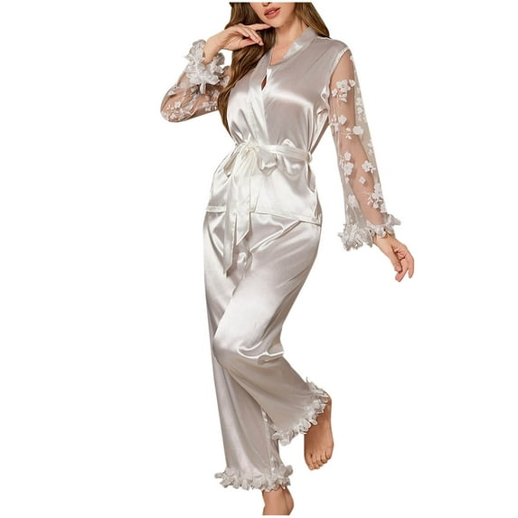 Taqqpue Womens Silk Satin Pajamas Set 2 Piece Tie Waist Cardigan Pj Sheer Long Sleeve Shirts Top and Shorts Sleepwear Loungewear Set