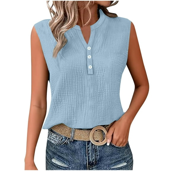 Taqqpue Womens Sleeveless Button Shirt Solid Color Collared Cotton Linen Blouse Casual Office Shirts Basic Tank Top