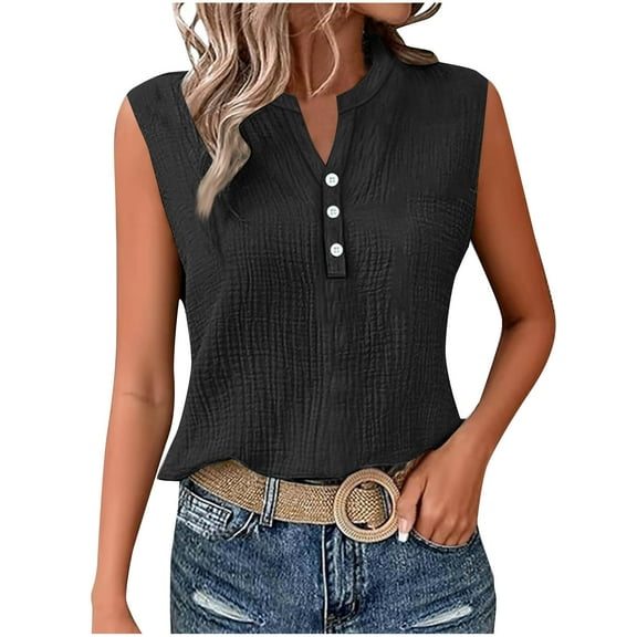 Taqqpue Womens Sleeveless Button Shirt Solid Color Collared Cotton Linen Blouse Casual Office Shirts Basic Tank Top