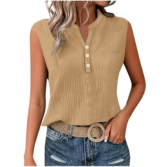 Taqqpue Womens Sleeveless Button Shirt Solid Color Collared Cotton Linen Blouse Casual Office Shirts Basic Tank Top