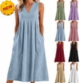 thumbnail image 1 of Taqqpue Womens Sleeveless Dresses Flowy Ruched Solid Color Maxi Dress V Neck Sundress Elegant Beach Dresses with Pockets, 1 of 6