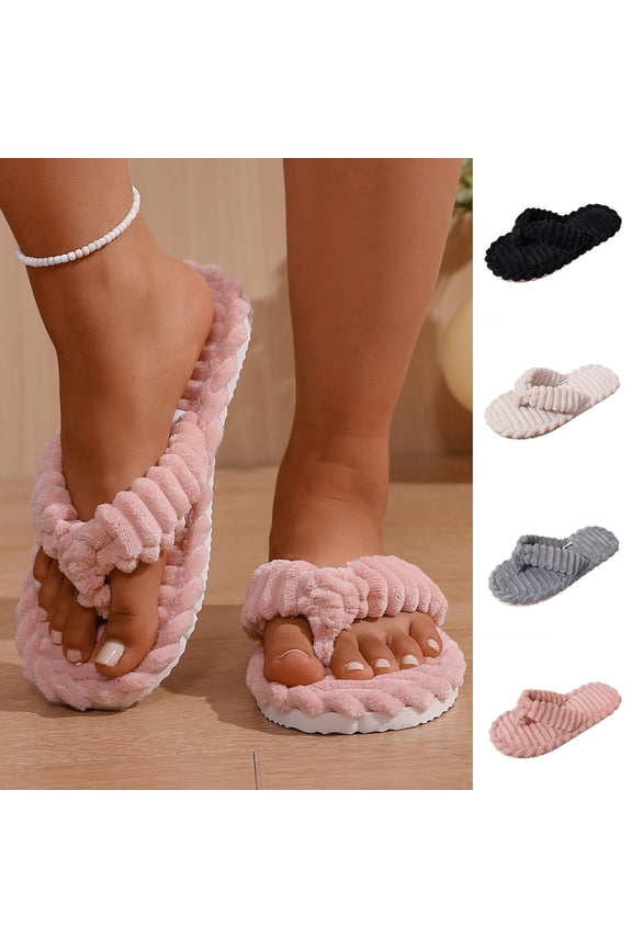 Womens Slippers Indoor Outdoor Fuzzy Slippers Casual Winter Trend Solid Color Indoor Slippers Cute Plush Ball Soft Soled Cotton Slippers Fluffy Flip Flop House Slippers