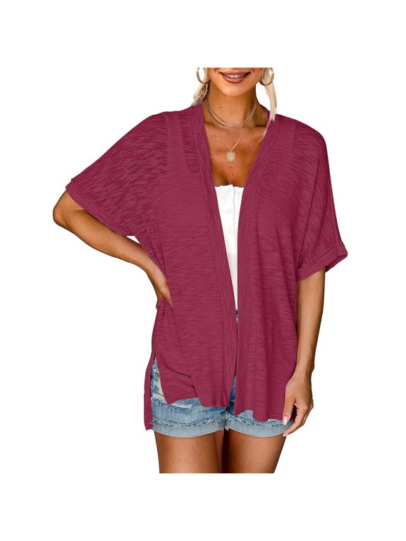 Womens Summer Cardigan Solid Color Short Sleeve Open Front Shirts Casual Lightweight Loose Side Split Cover Ups