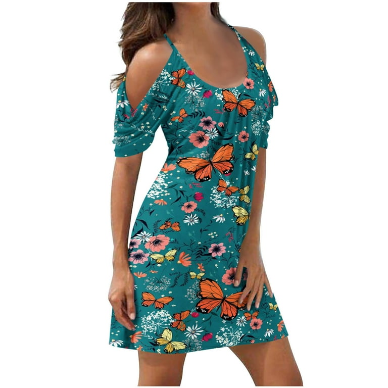Taqqpue Womens Summer Dresses 2023 Casual O Neck Cold Shoulder Short Sleeve Floral Mini Dress A Line Loose Tank Tops Dress Bohemian Dress Flowy Swing Beach Dresses Boho Sundresses for Women S 5XL
