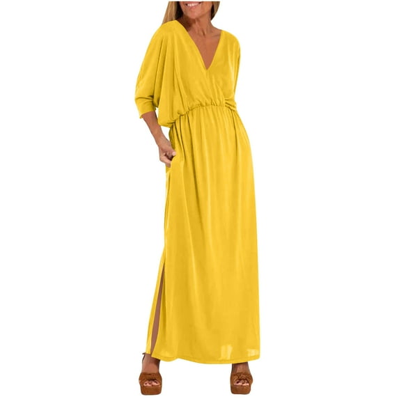 Taqqpue Womens Summer Dresses Casual V Neck 3/4 Sleeve Smocked Split Maxi Dress Solid Loose Fit Dresses for Women