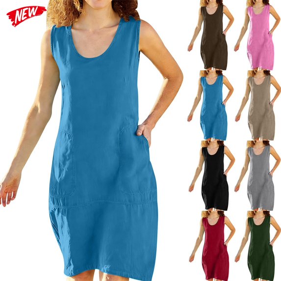 Taqqpue Womens Summer Linen Maxi Dresses Solid Color V Neck Sleeveless Dress Flowy Boho A Line Beach Long Sundress with Pockets for Women
